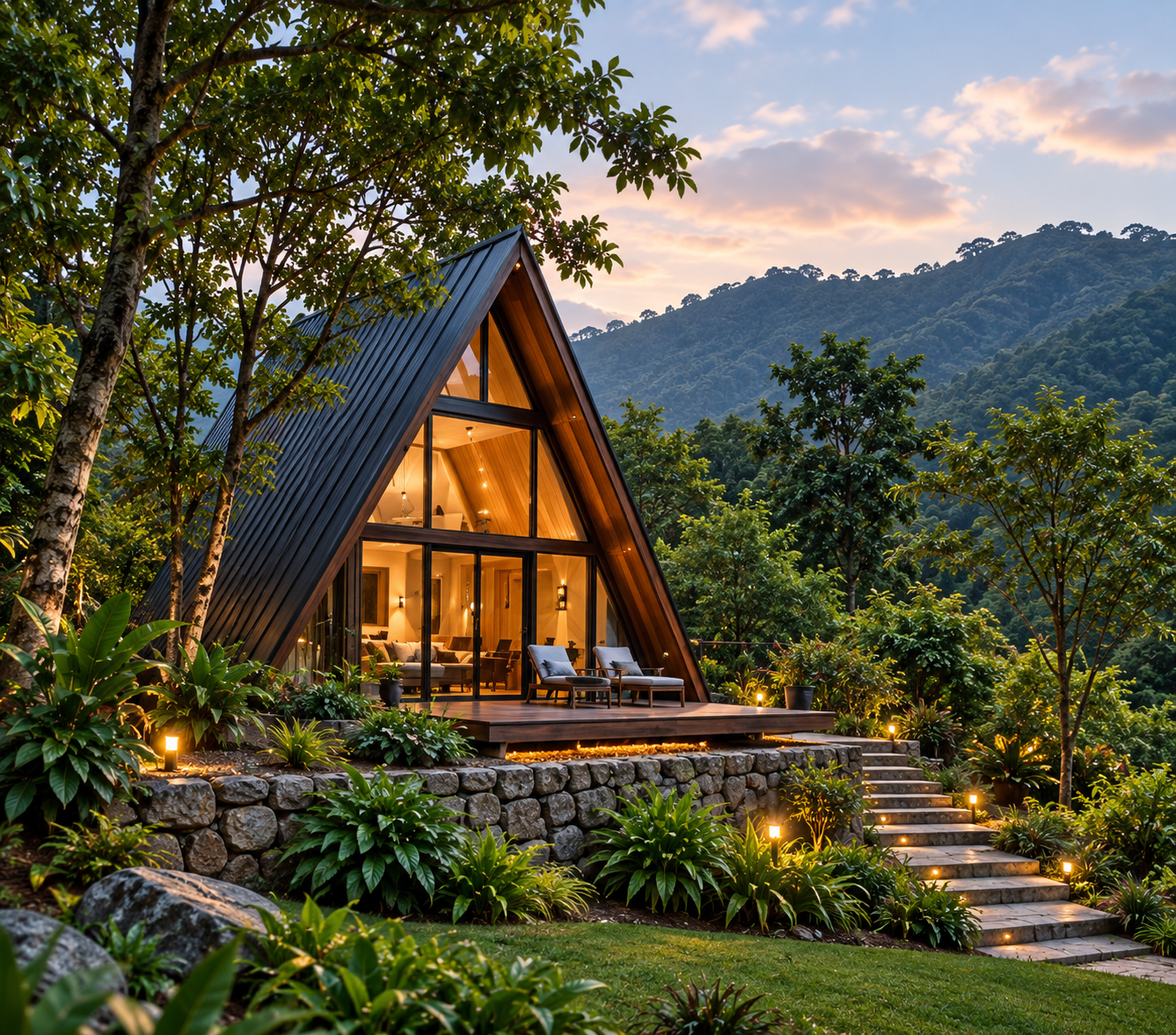 A-Frame resort cottage surrounded by mountain scenery